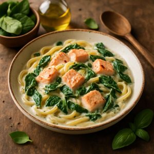 Pasta met zalm en spinazie in een lichte roomsaus