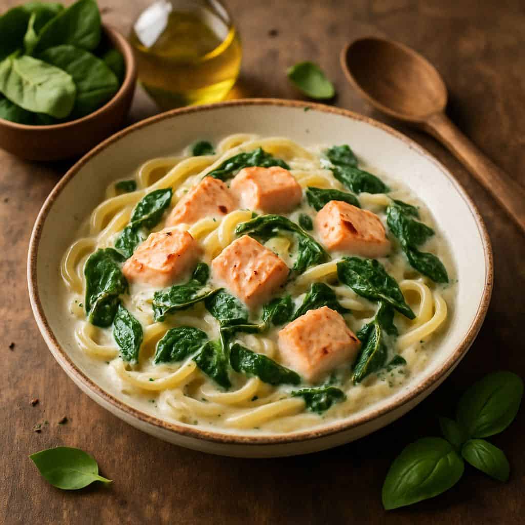 Pasta met zalm en spinazie in een lichte roomsaus