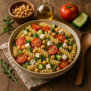 Pasta salade met kikkererwten en feta
