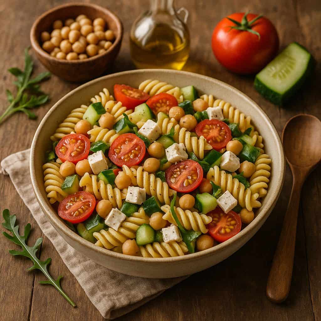 Pasta salade met kikkererwten en feta