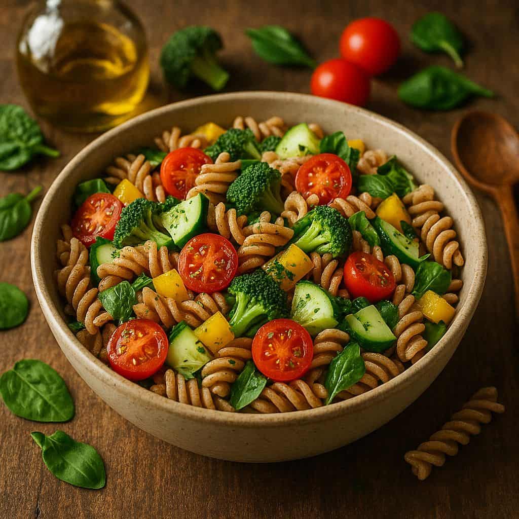 Pasta salade met volkoren fusilli en groente