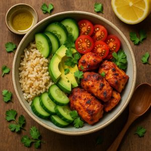 Pittige kip bowl met bruine rijst