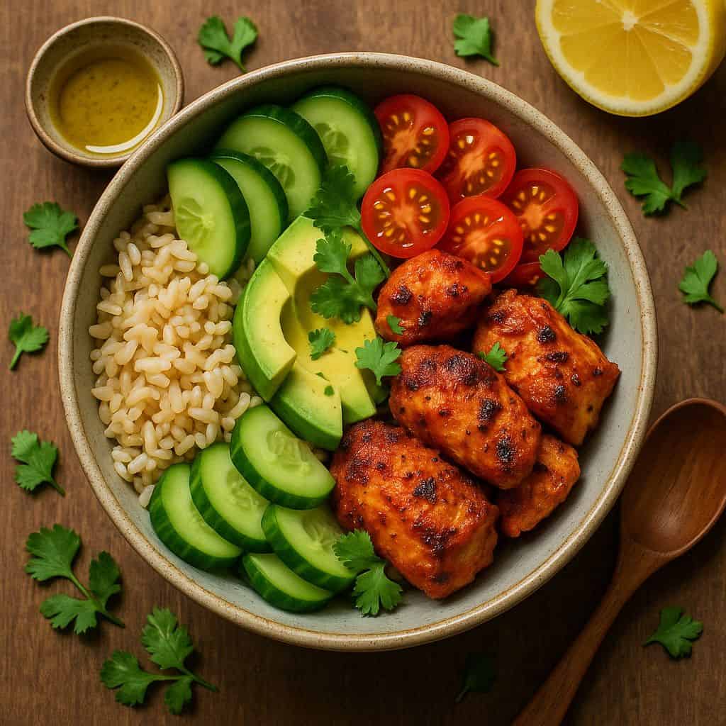 Pittige kip bowl met bruine rijst