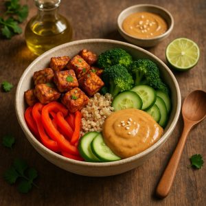 Pittige tempeh bowl met pindasaus