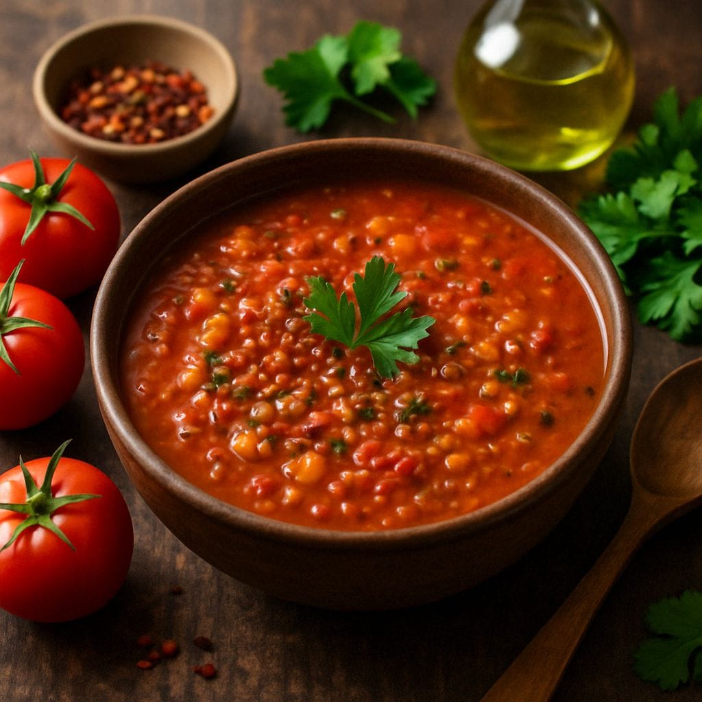 Pittige tomatensoep met linzen