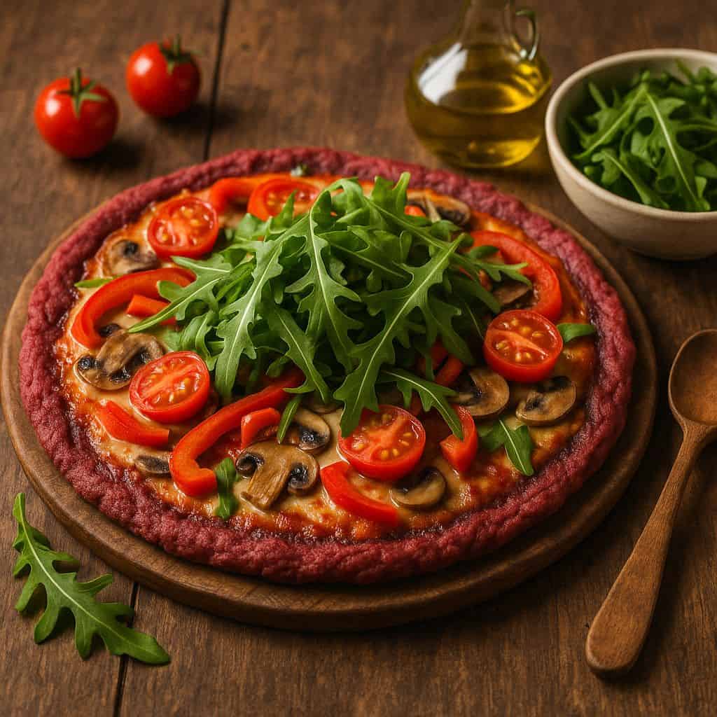 Pizza met bietenbodem en rucola