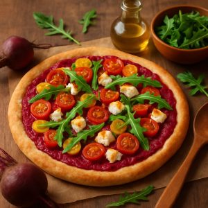 Pizza met bietenpuree en geitenkaas