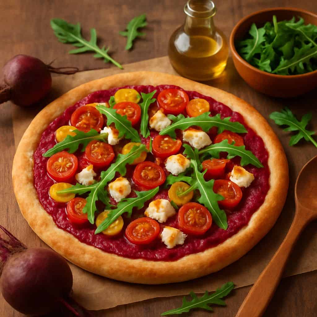 Pizza met bietenpuree en geitenkaas
