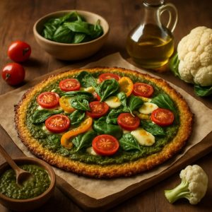 Pizza met bloemkoolbodem en pesto