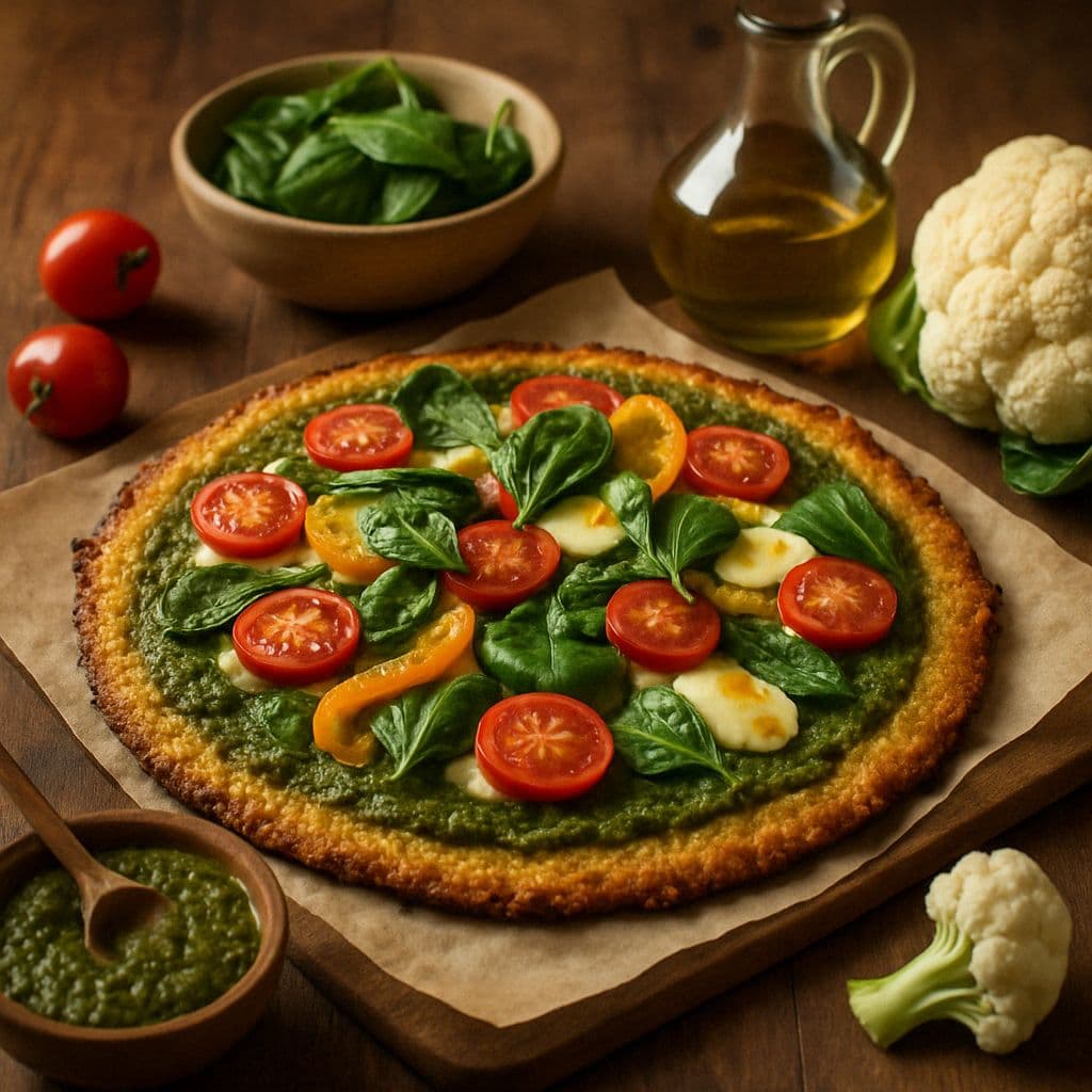 Pizza met bloemkoolbodem en pesto