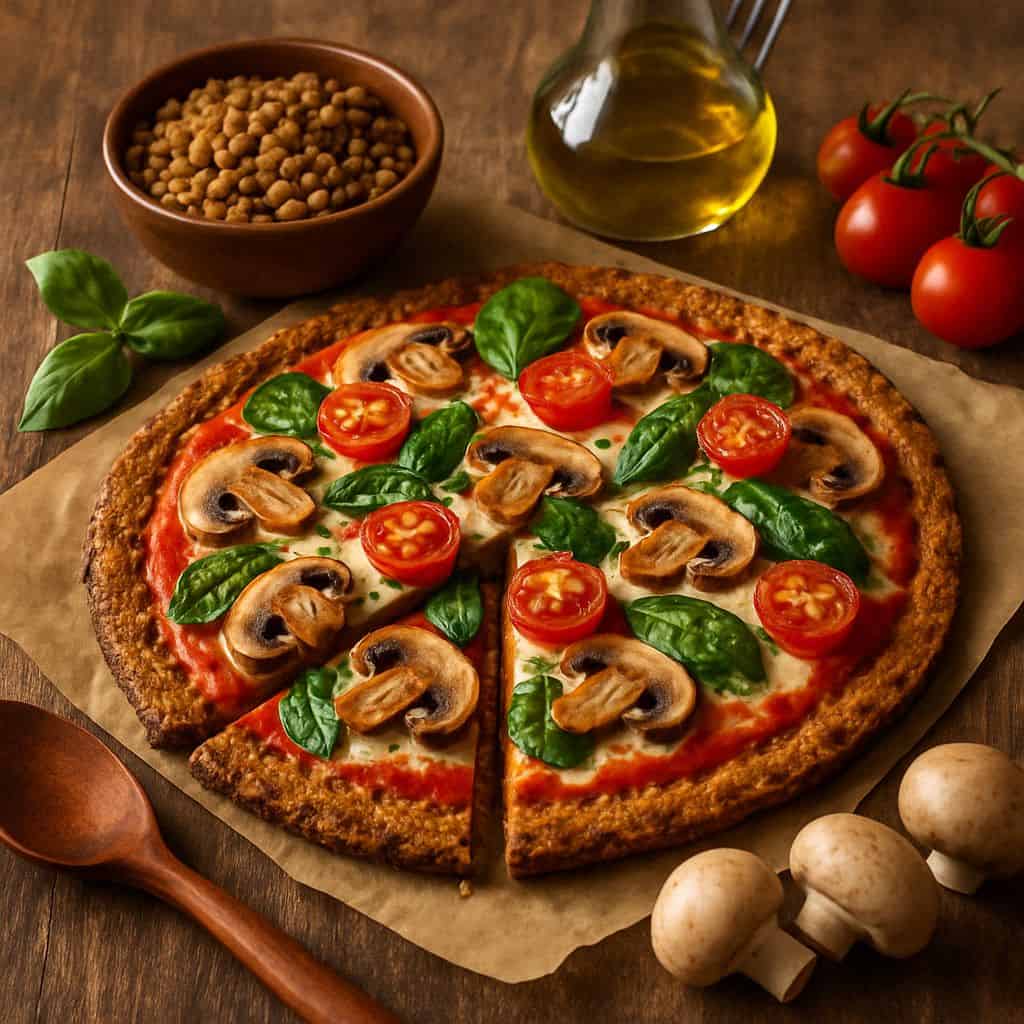Pizza met linzenbodem en champignons