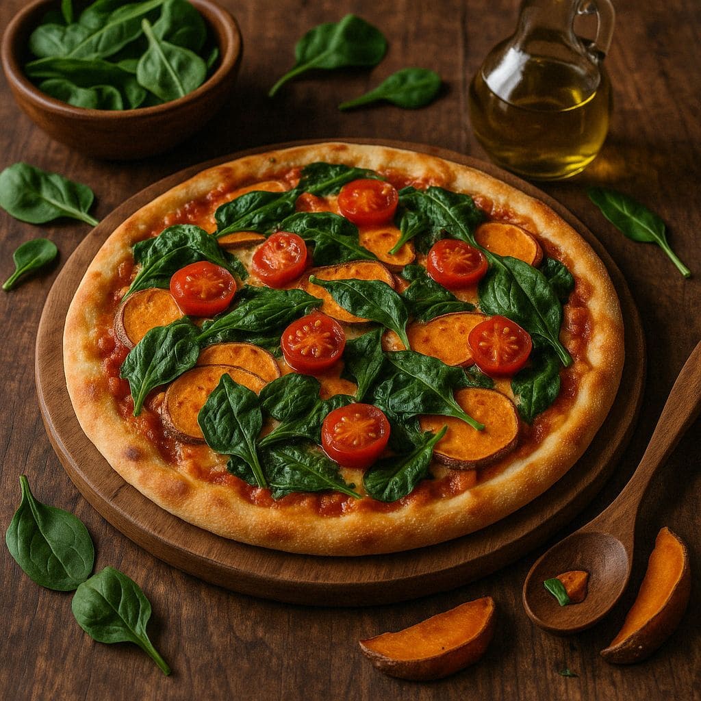 Pizza met zoete aardappel en spinazie