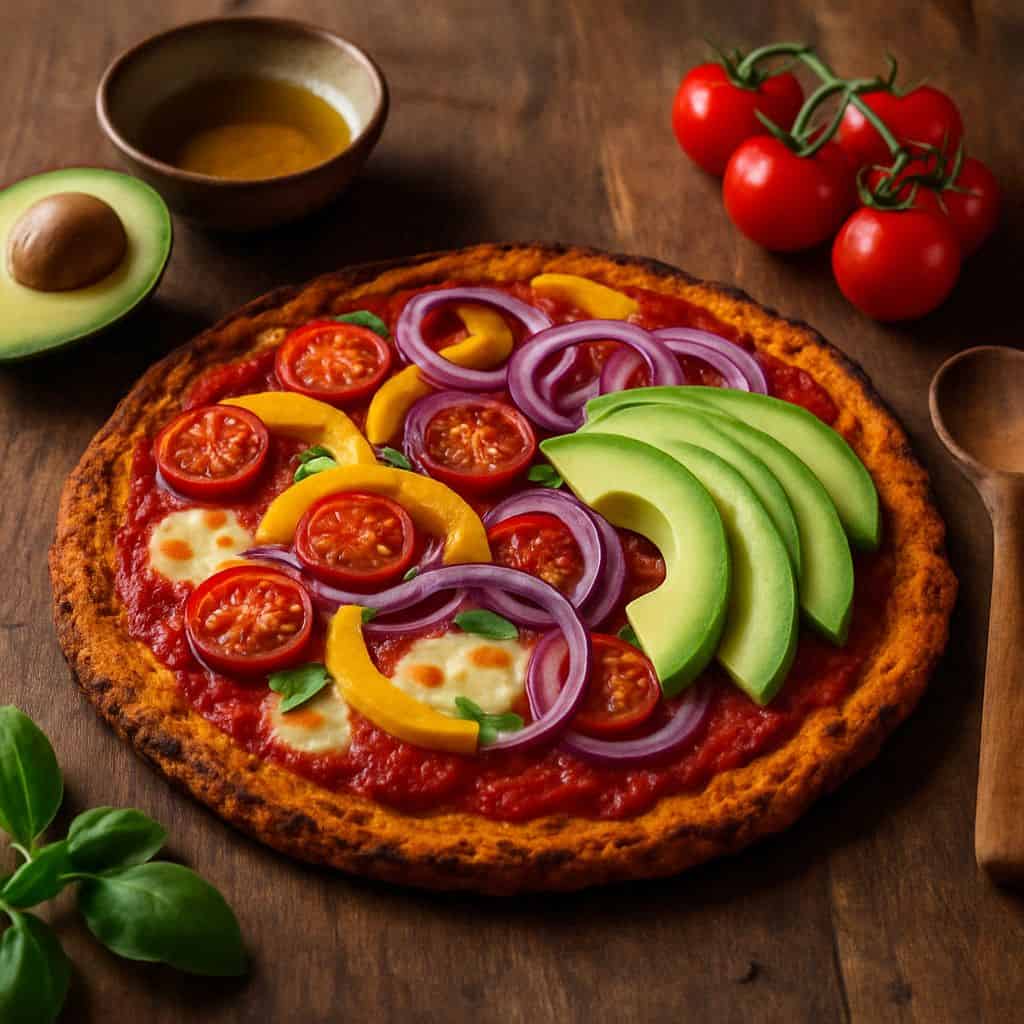Pizza met zoete aardappelbodem en avocado