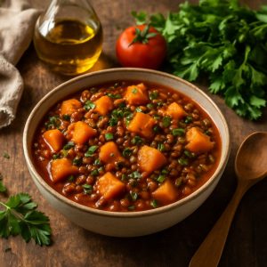 Pompoenstoof met linzen en kruiden