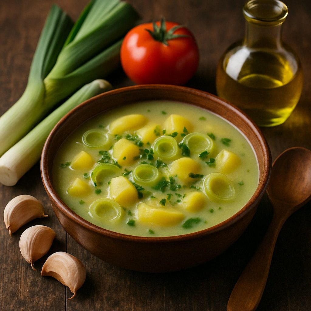 Preisoep met aardappel en knoflook
