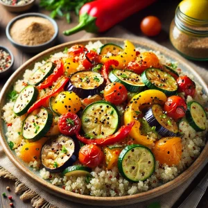 Quinoa met geroosterde groenten en tahindressing