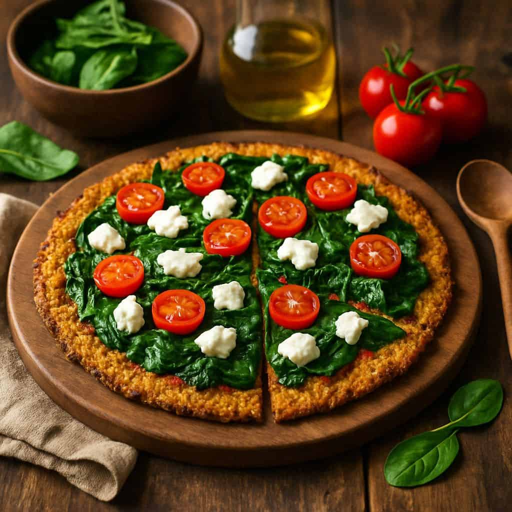 Quinoa pizza met spinazie en geitenkaas