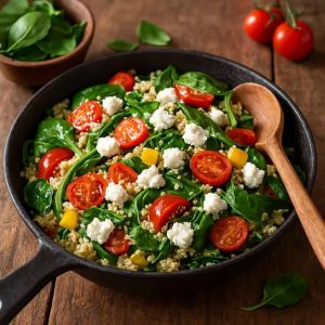 Quinoawok met spinazie en geitenkaas