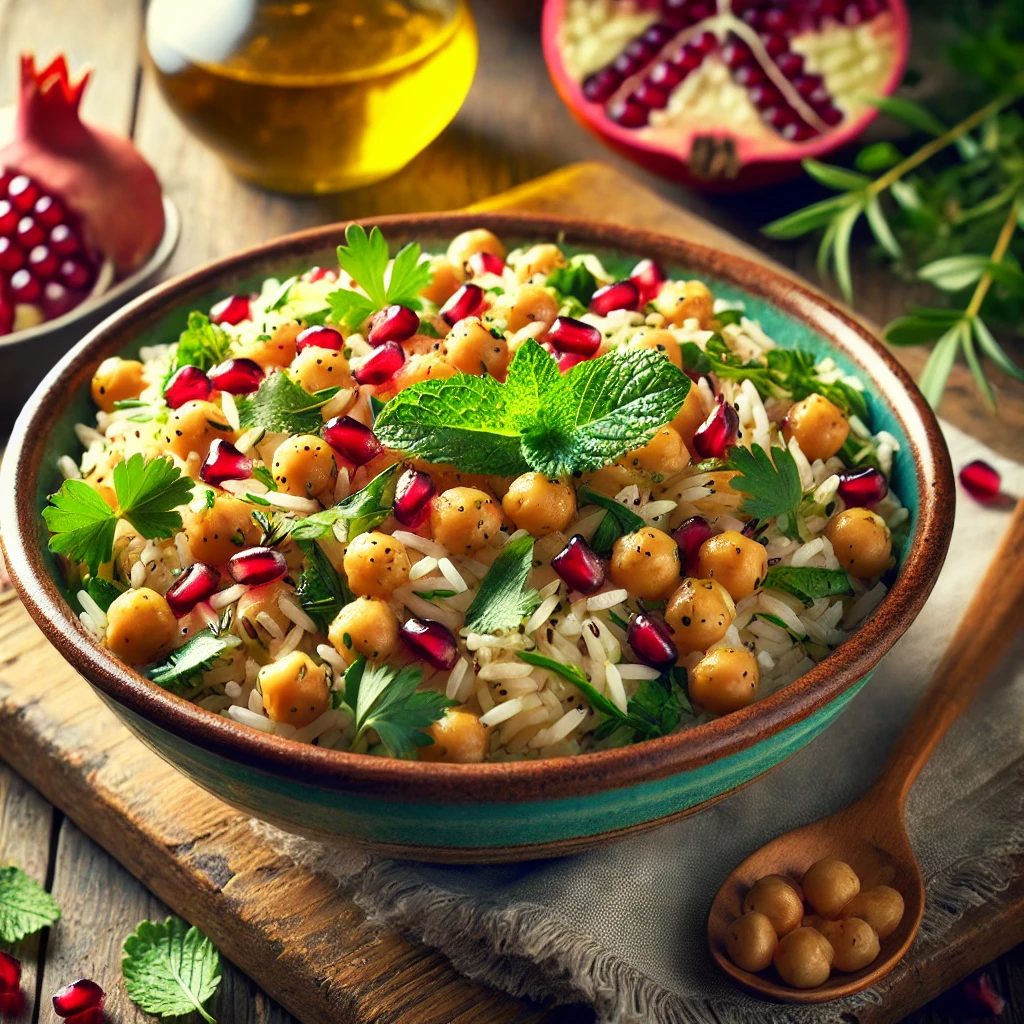 Rijstsalade met kikkererwten en granaatappel