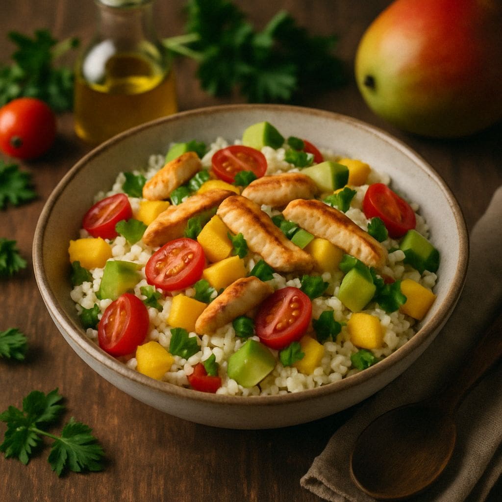 Rijstsalade met mango en kip