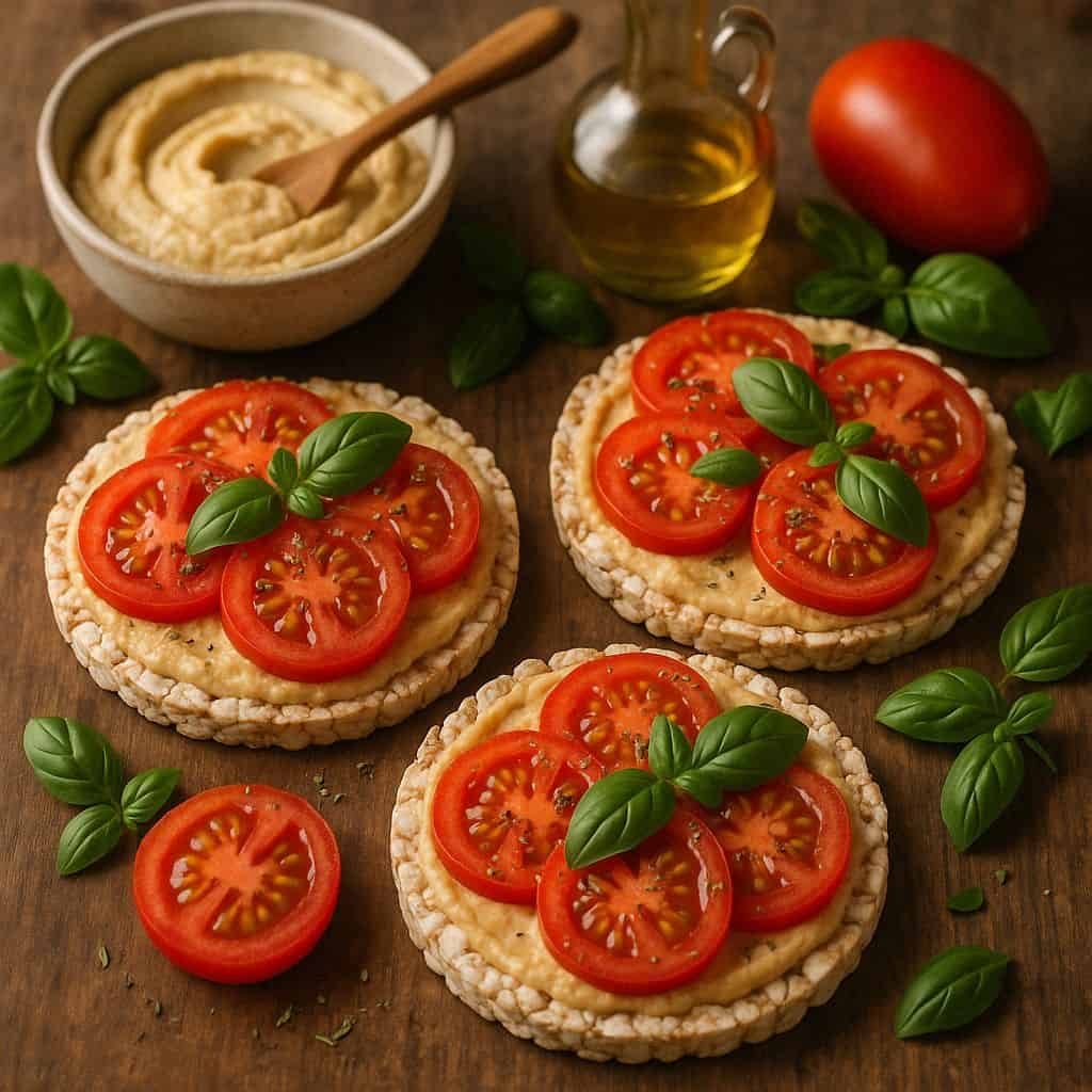 Rijstwafel pizza's met hummus en tomaat