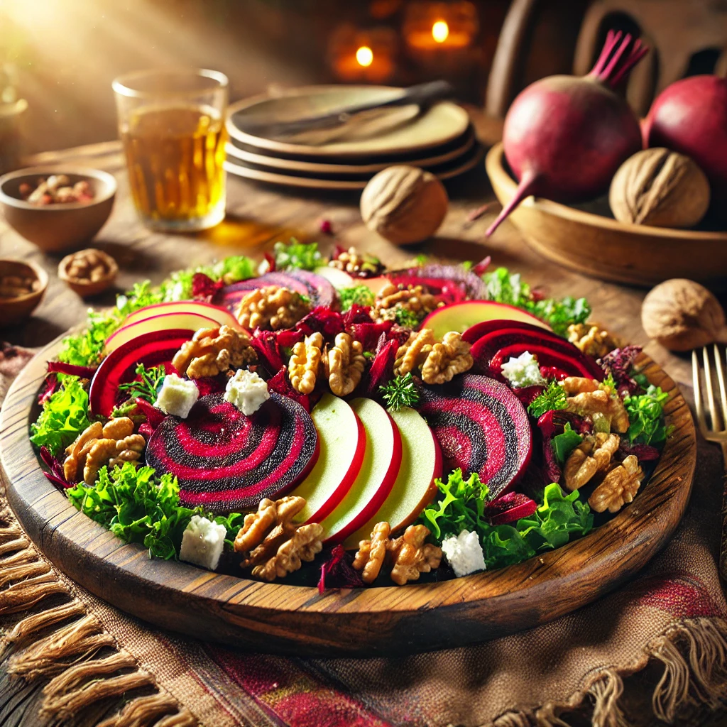 Rode bietensalade met walnoten en appel