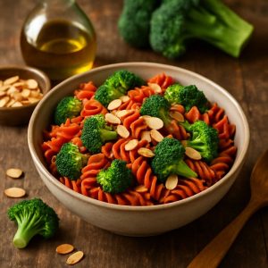 Rode linzenpasta met broccoli en amandelen