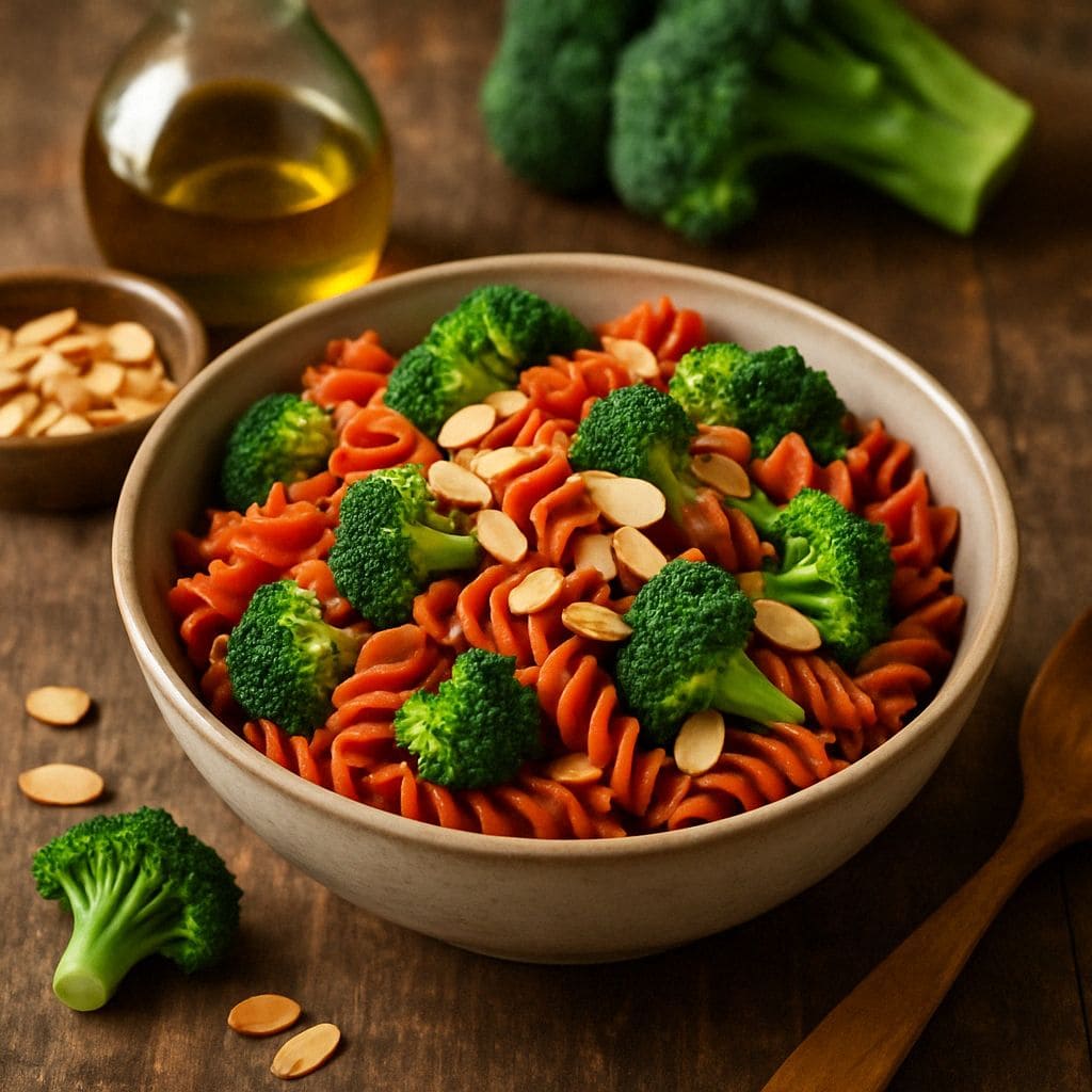 Rode linzenpasta met broccoli en amandelen