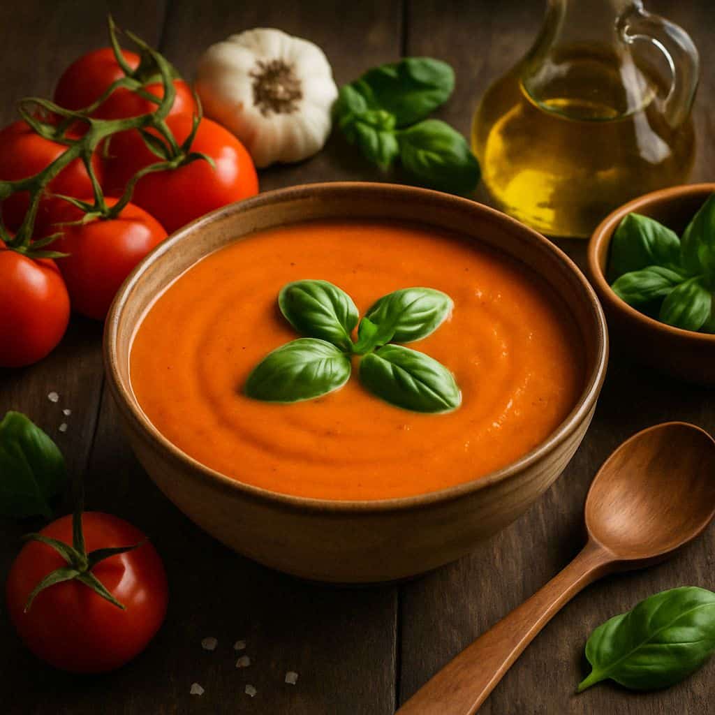 Romige tomatensoep met basilicum