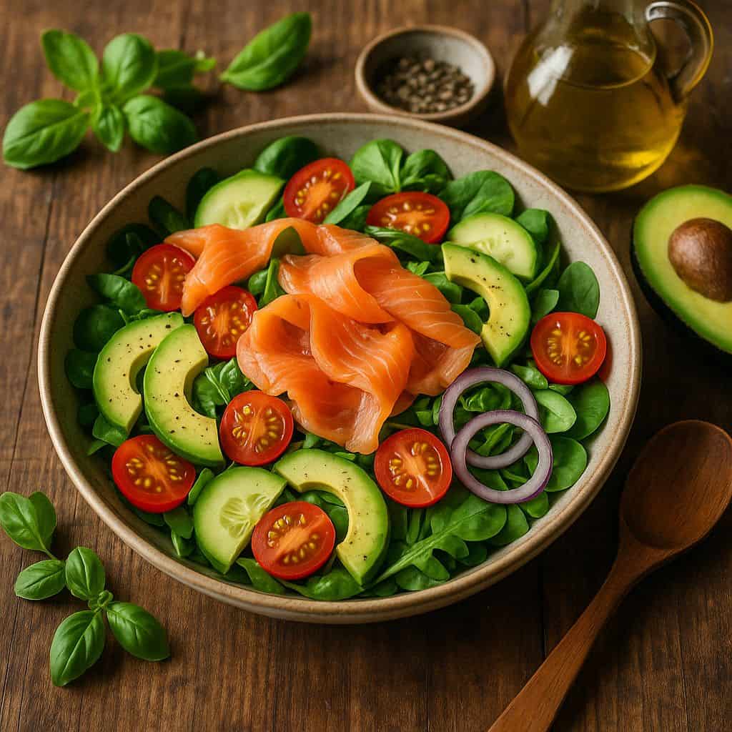 Salade met gerookte zalm en avocado