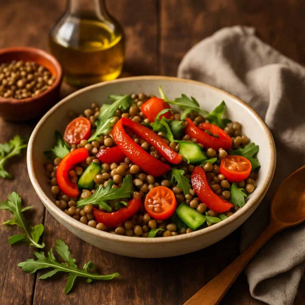 Salade met linzen en gegrilde paprika