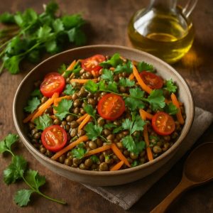 Salade met linzen, wortel en koriander