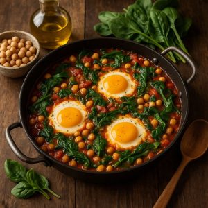 Shakshuka met spinazie en kikkererwten