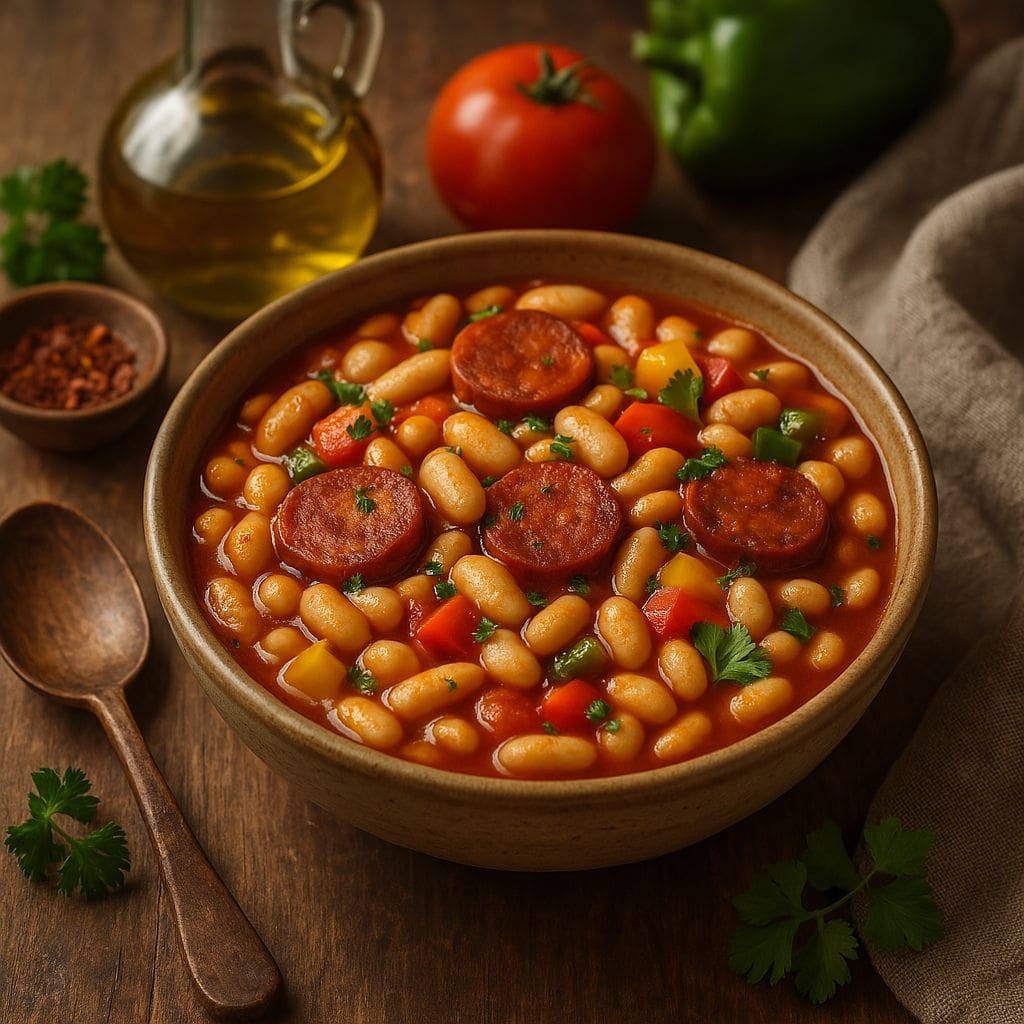 Spaanse bonenschotel met chorizo