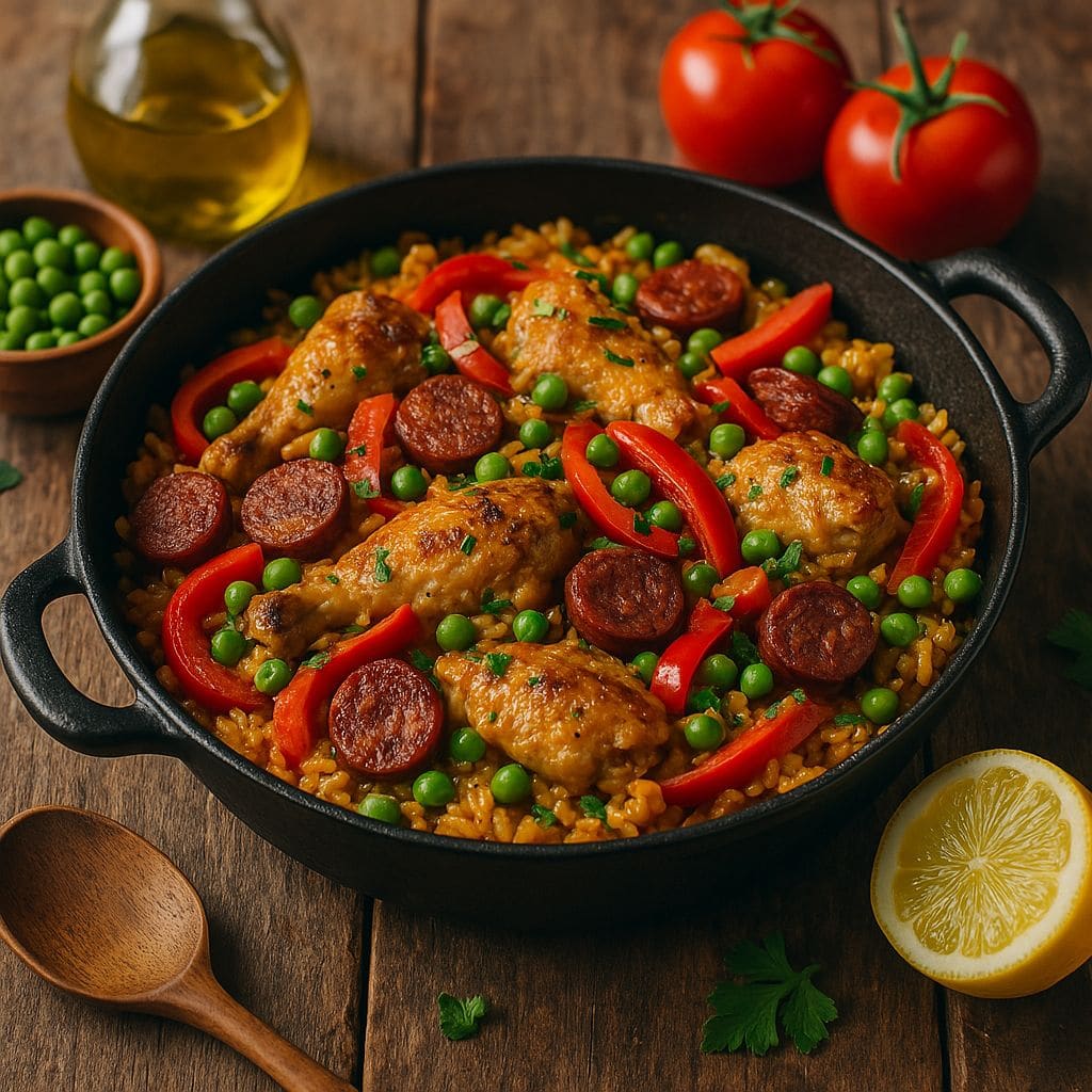 Spaanse paella met kip en chorizo