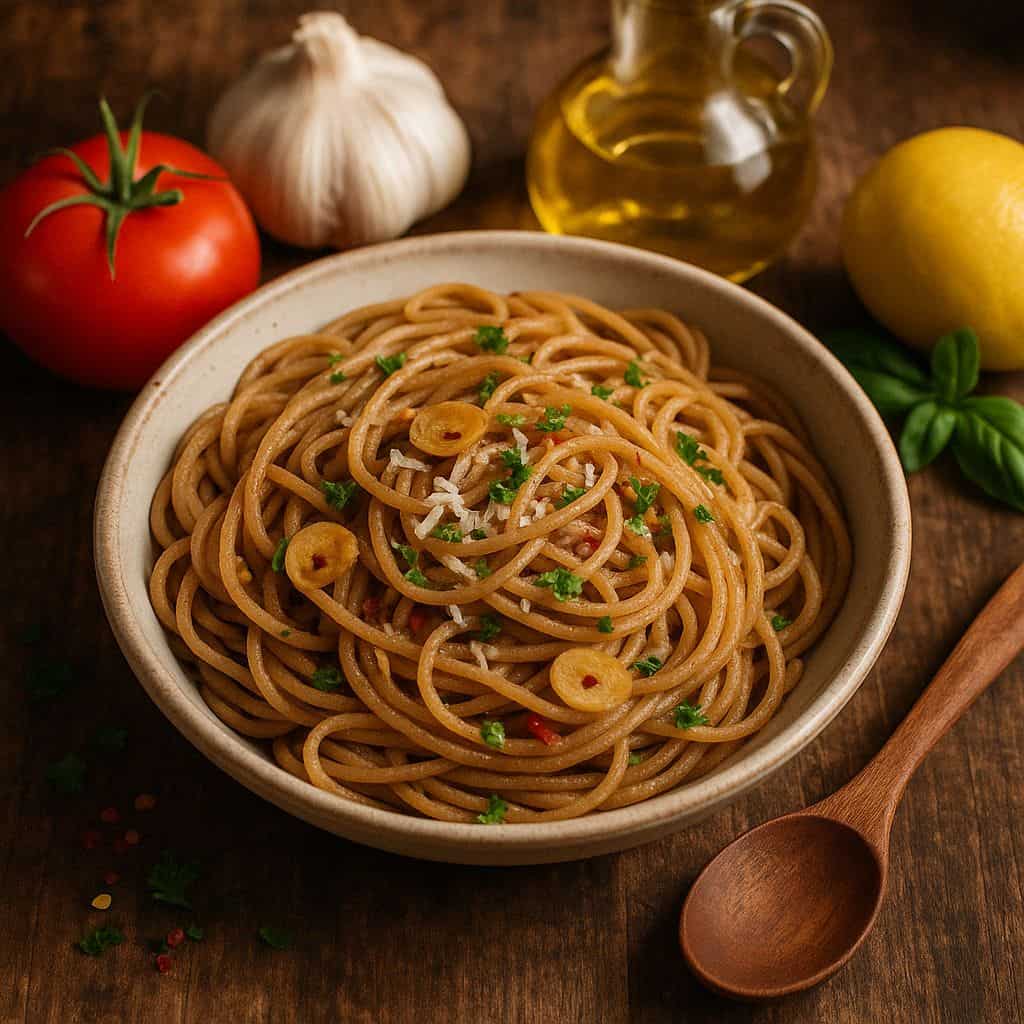 Spaghetti aglio e olio met volkoren pasta