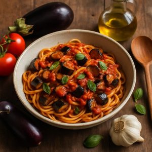 Spaghetti met aubergine en tomatensaus