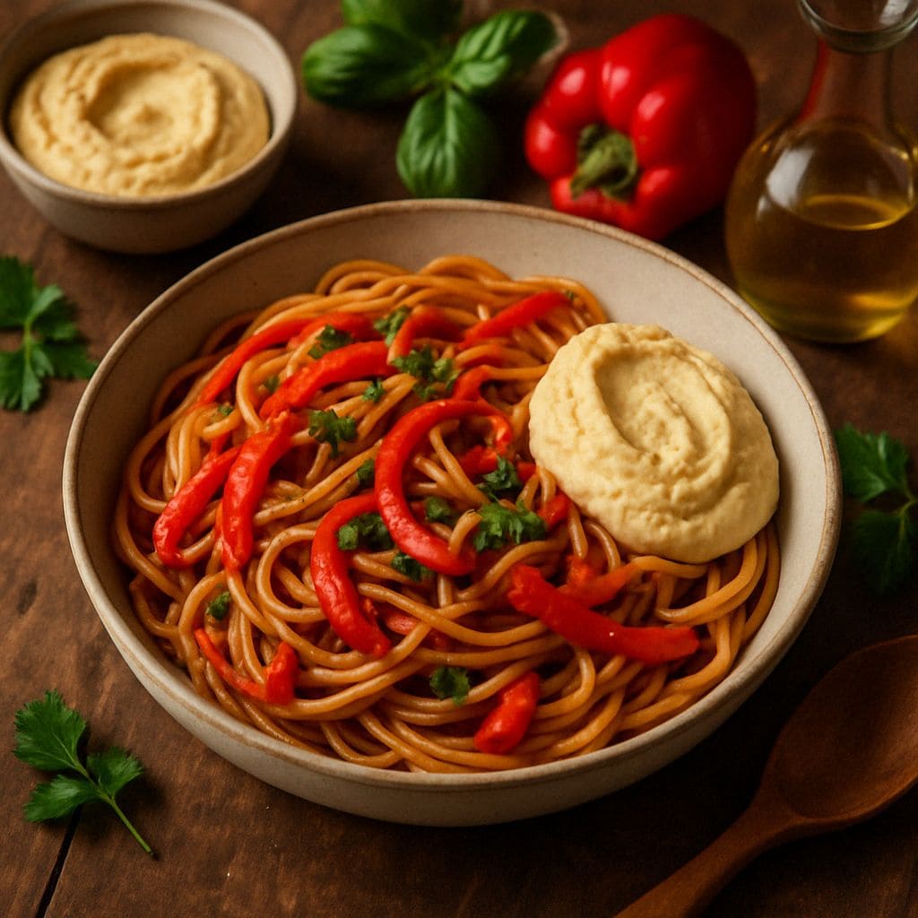 Spaghetti met geroosterde paprika en hummus