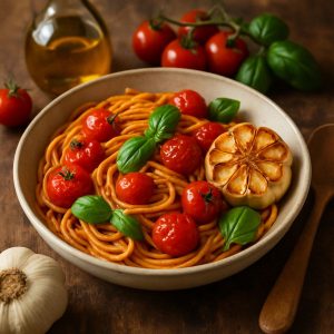 Spaghetti met tomaten en geroosterde knoflook