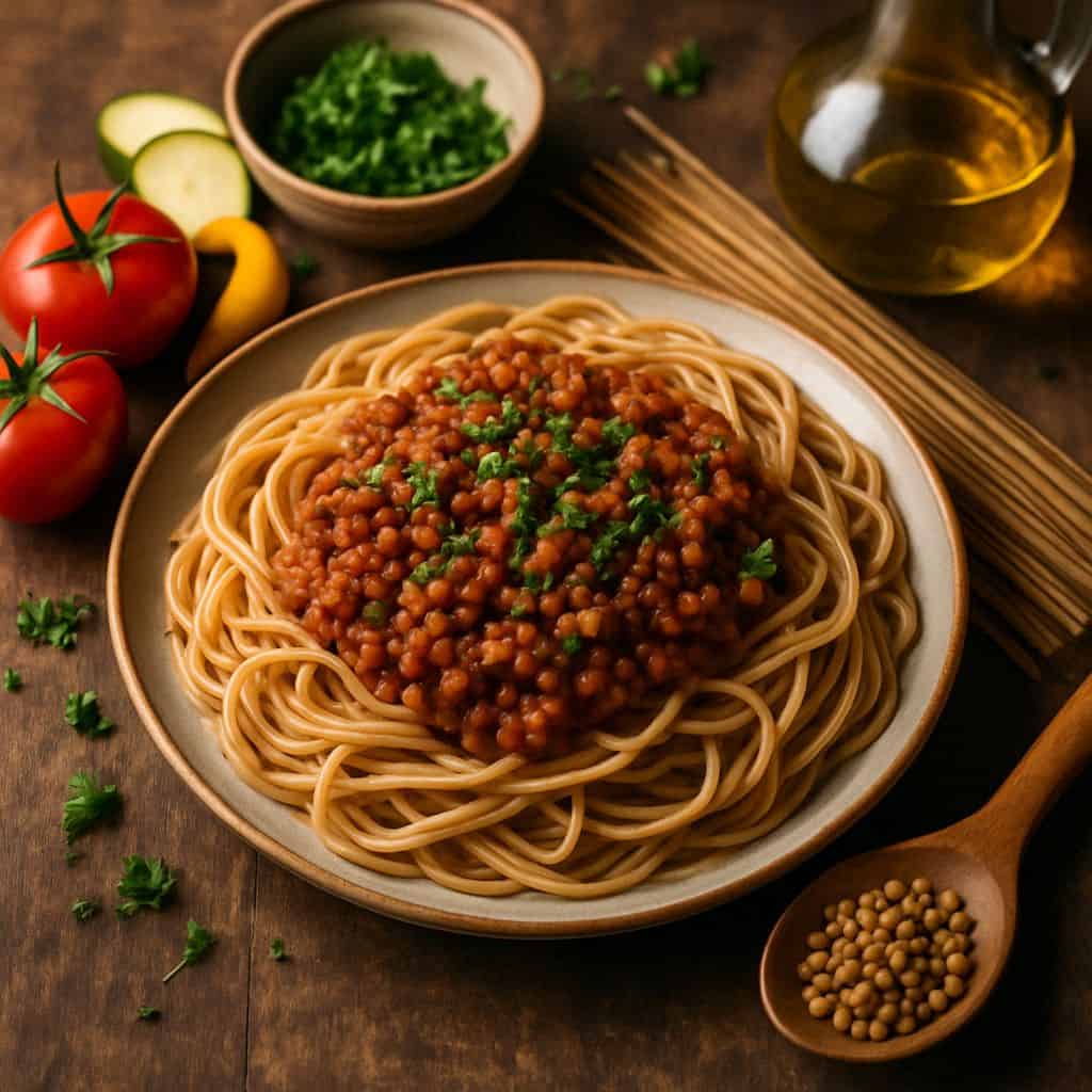 Spaghetti met volkoren pasta en linzengehakt