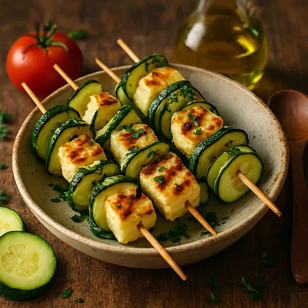 Spiesjes met halloumi en courgette