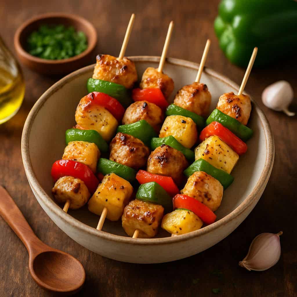 Spiesjes met kip, paprika en ananas