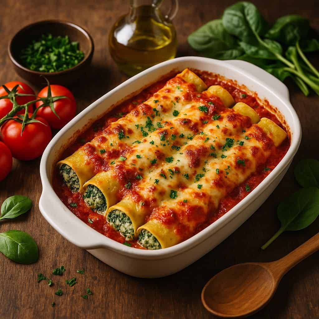 Spinazie-ricotta cannelloni uit de oven