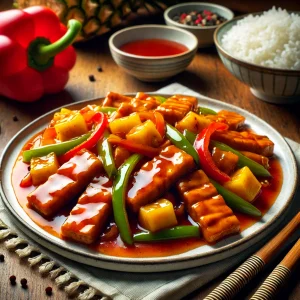 Tempeh Reepjes in Zoetzure Saus