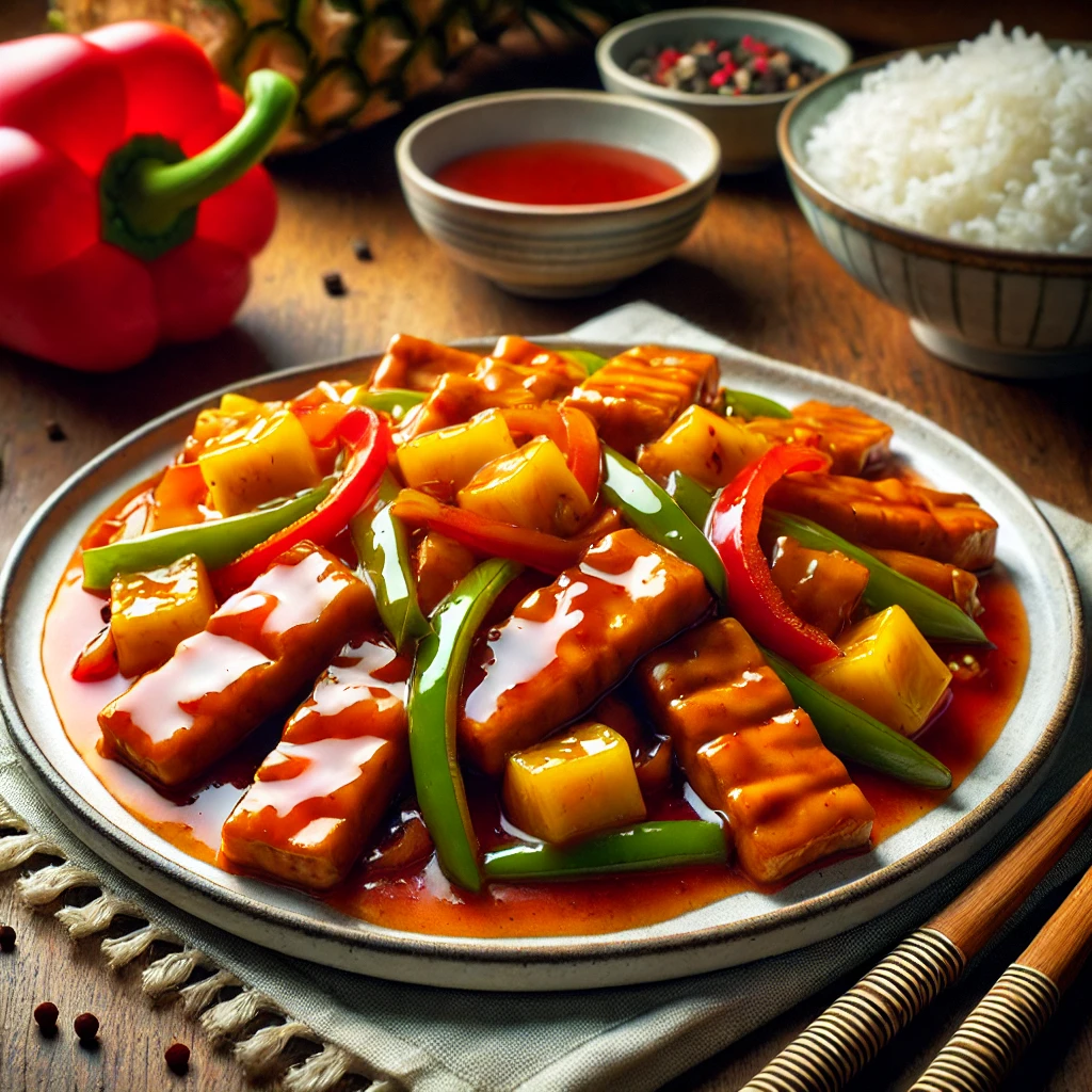 Tempeh Reepjes in Zoetzure Saus