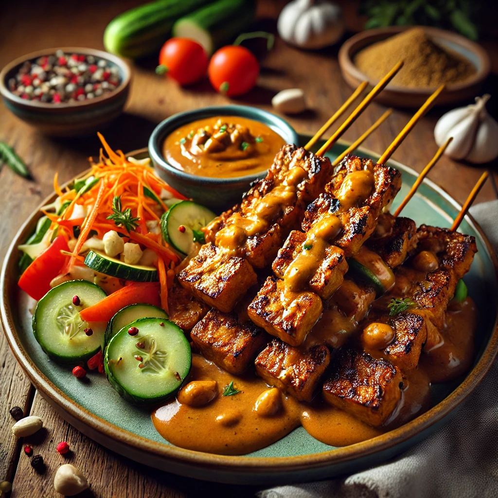 Tempeh Saté met Pindasaus en Groenten