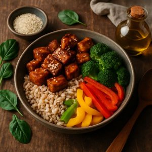 Tempeh teriyaki met zilvervliesrijst