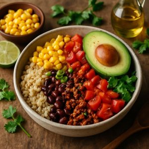 Tex-Mex bowl met avocado en mais