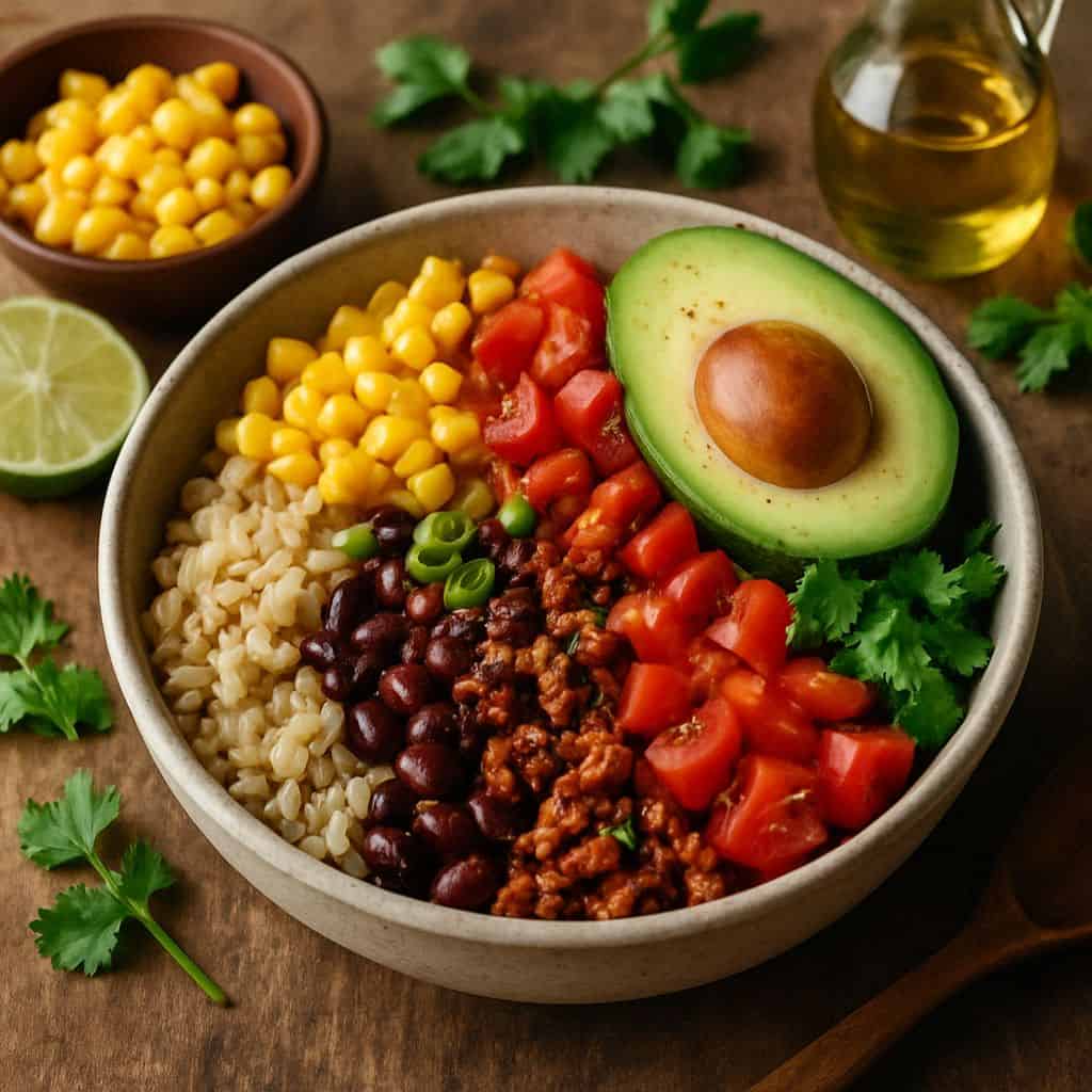Tex-Mex bowl met avocado en mais