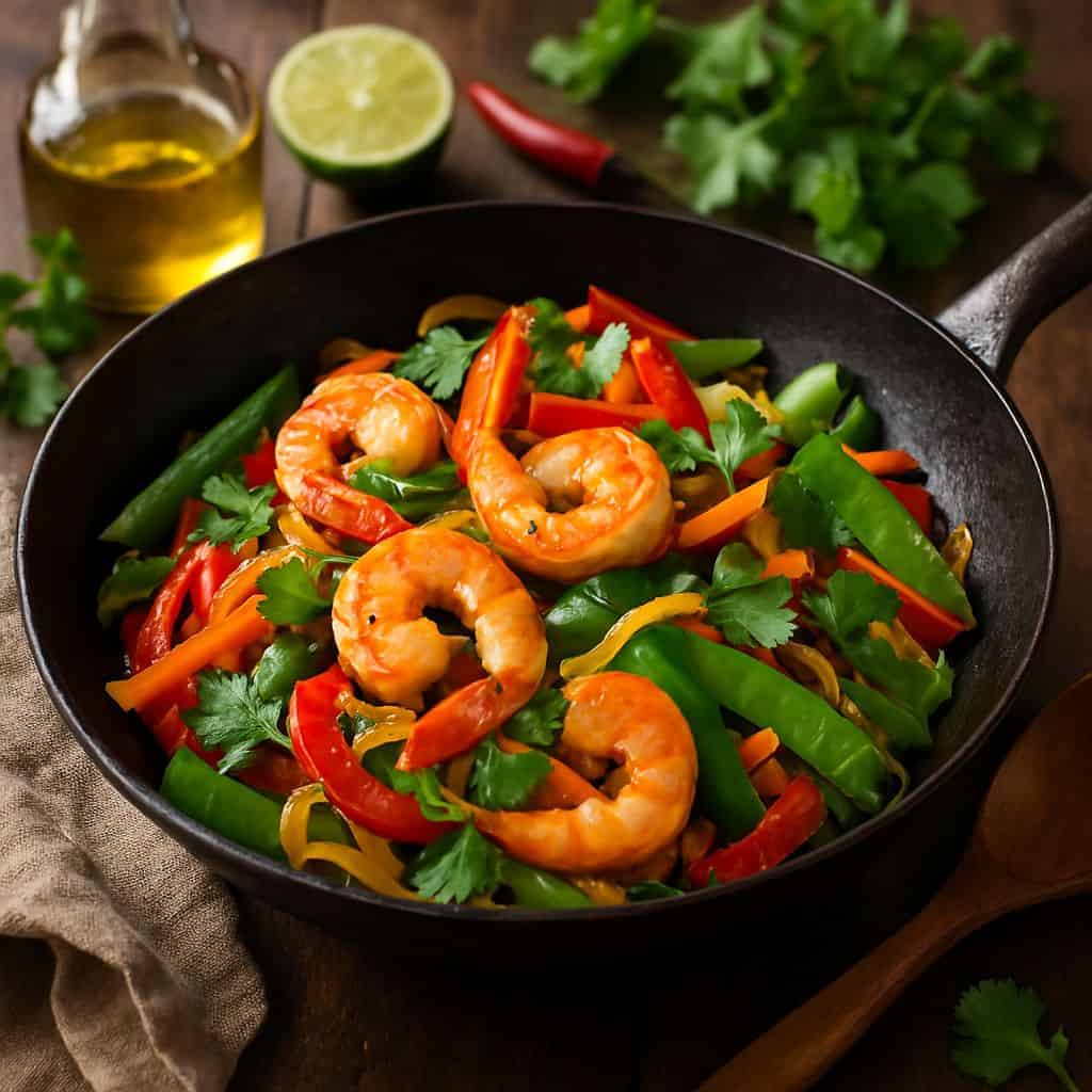 Thaise wok met garnalen en koriander